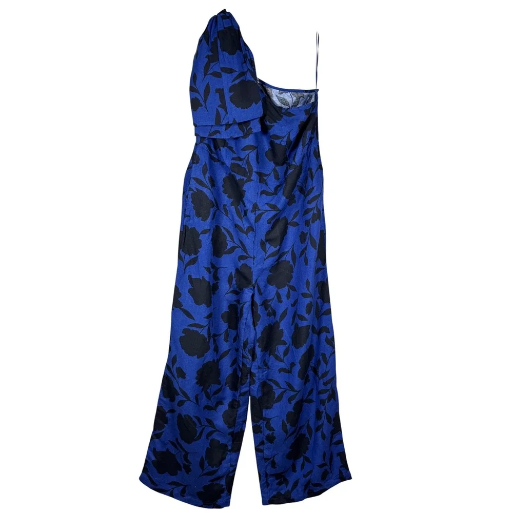 Kate Spade New York Blue Black Floral One Shoulder Linen Blend Jumpsuit‎ Size 14